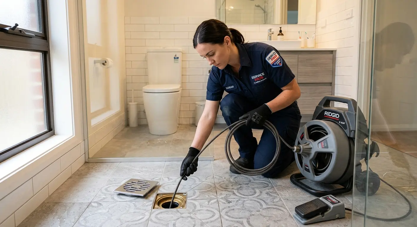 Technician clearing a bathroom floor drain for Drain Repair in Decatur